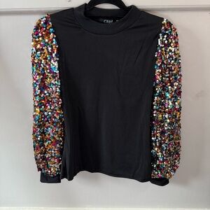 CBR Black Top with Multicolor Sequin Sleeves High Neck Puff Sleeve